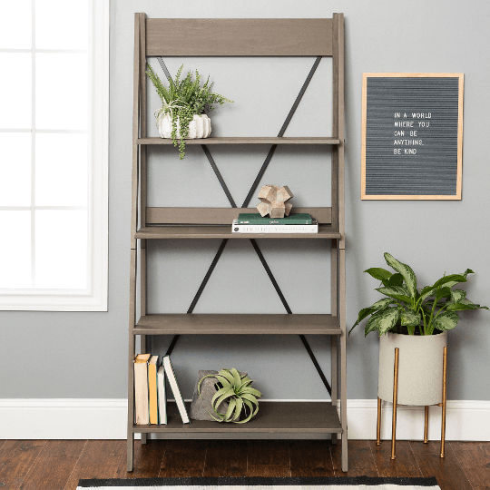 Farmhouse Grey Solid Wood 4-Shelf Ladder Bookshelf - Plugsus Home Furniture