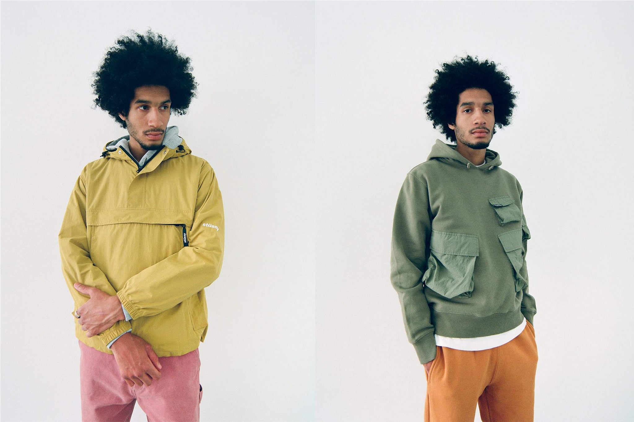 Male model posing in two Stussy spring outfits in yellow and olive