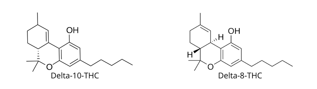 Delta-8-THC molecular structure vs Delta-10-THC molecular structure