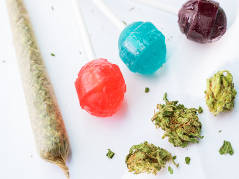A cannabis joint and three cannabis-infused lollipops to show an example of edible vs smoking product types