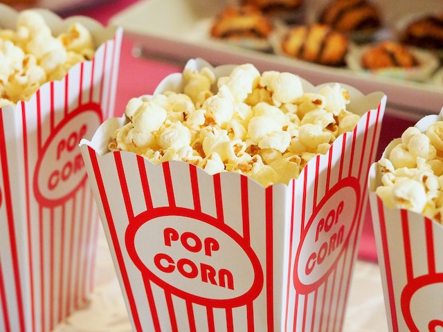 A bucket of popcorn similar to those sold at movie theaters