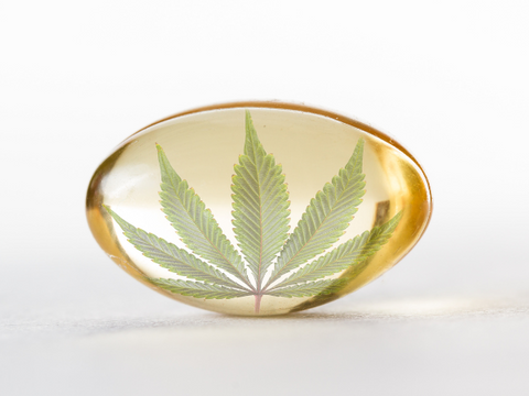 A light yellow colored THC softgel showing a cannabis leaf.