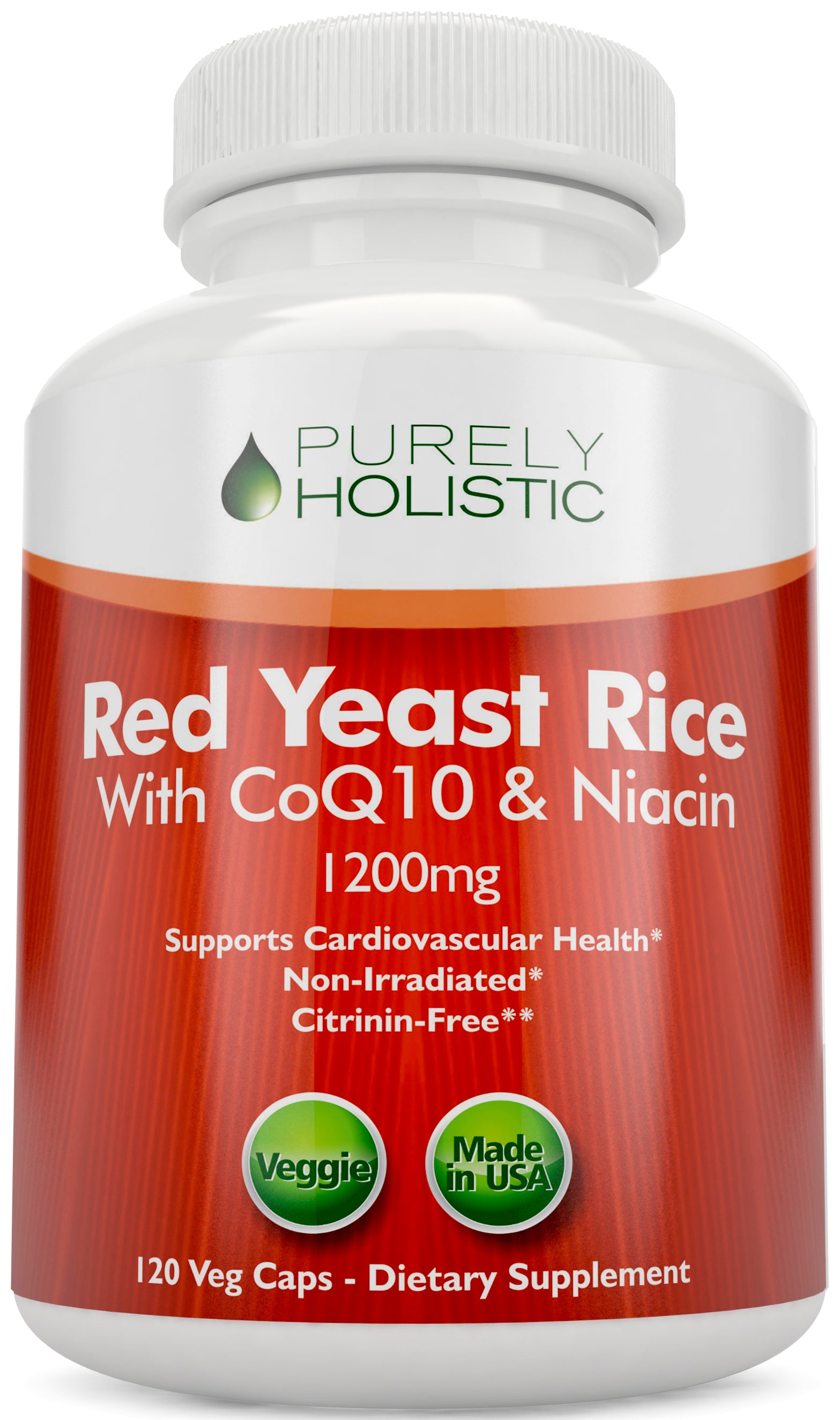 Red Yeast Rice 1200mg with CoQ10 - Flush Free Niacin, 120 Vegetarian Capsules - Non Irradiated - Citrinin Free - Supports Health - Purely Holistic product image