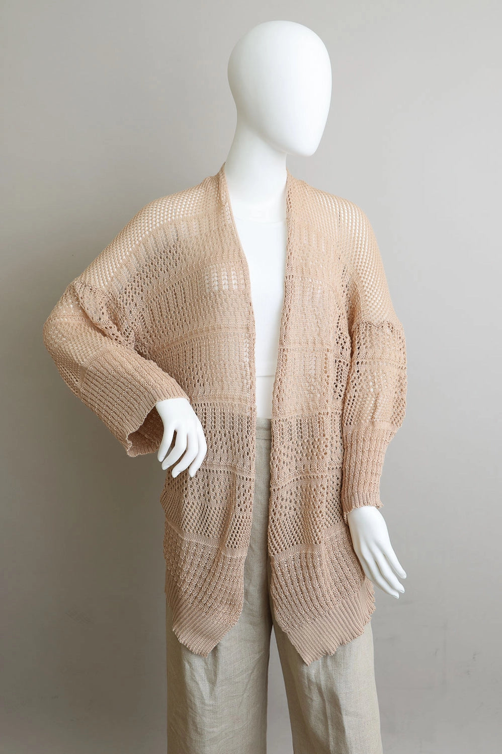 Relaxed Netted Crochet Lightweight Cardigan, Beige