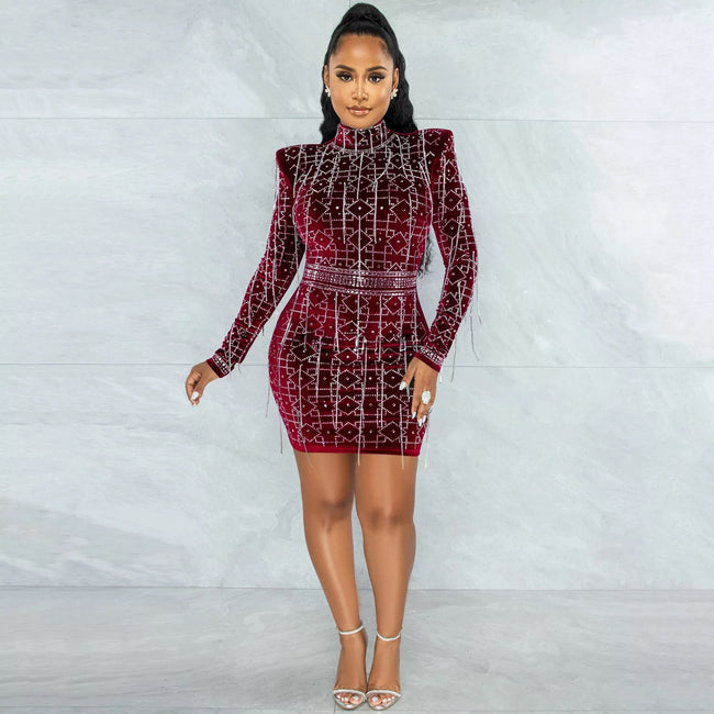 rhinestone mini dress long sleeve