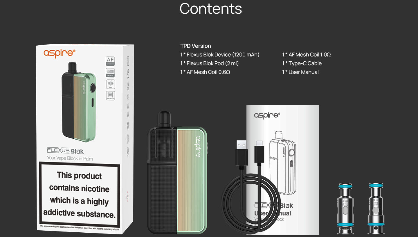 Flexus Blok Vape Pod Kit by Aspire Box Contents