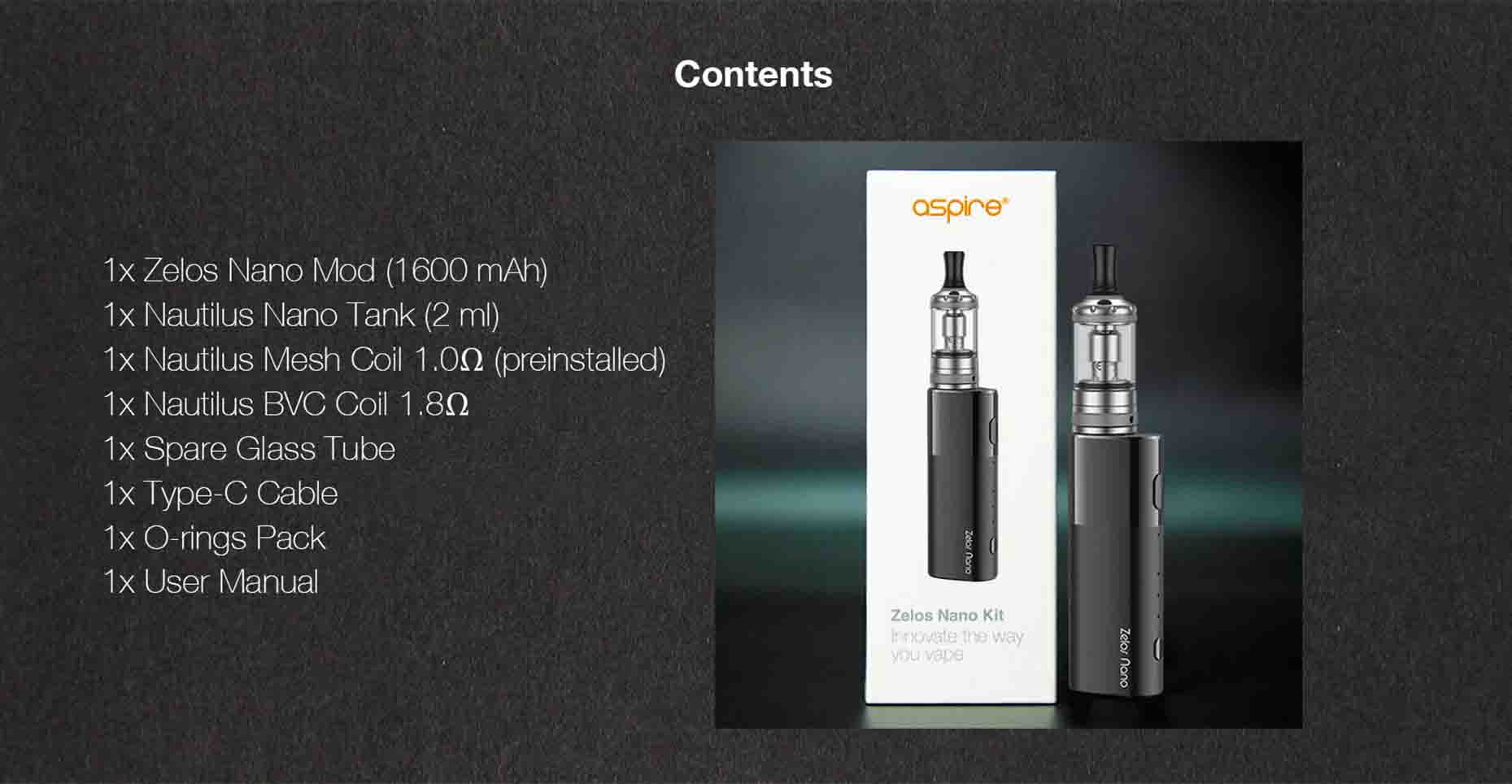 Zelos Nano Vape Kit by Aspire Box Contents