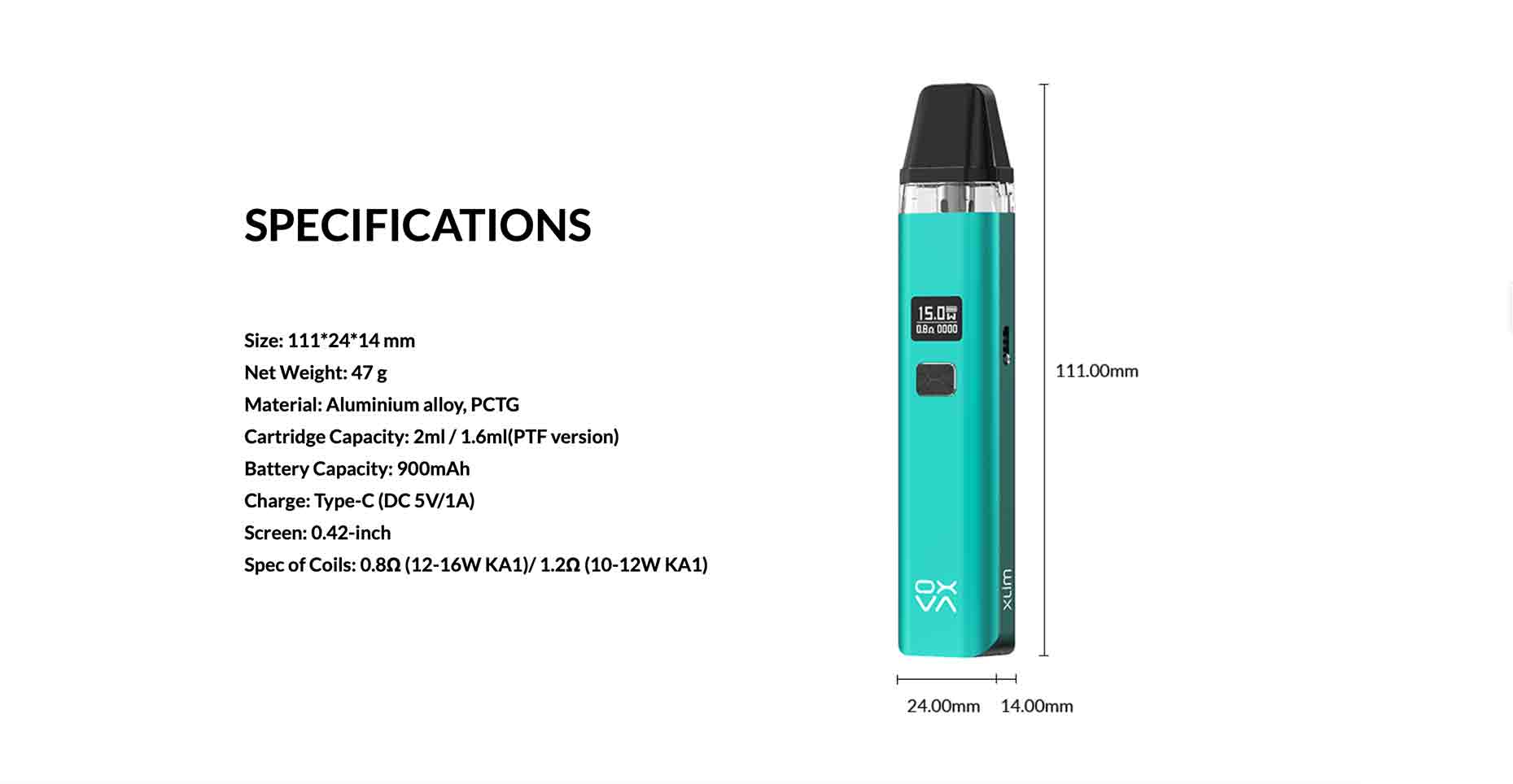 Xlim Vape Pod Kit by OXVA Specifications