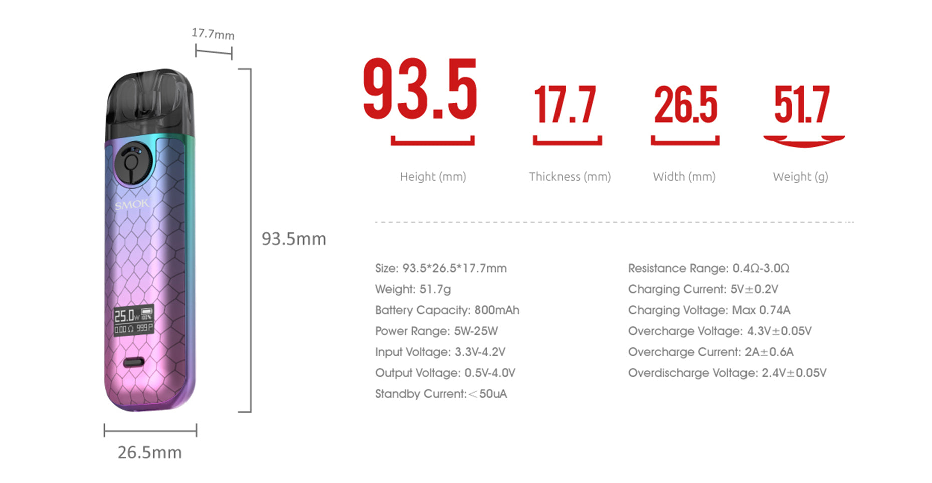 Smok Novo 4 Vape Pod Kit Specifications