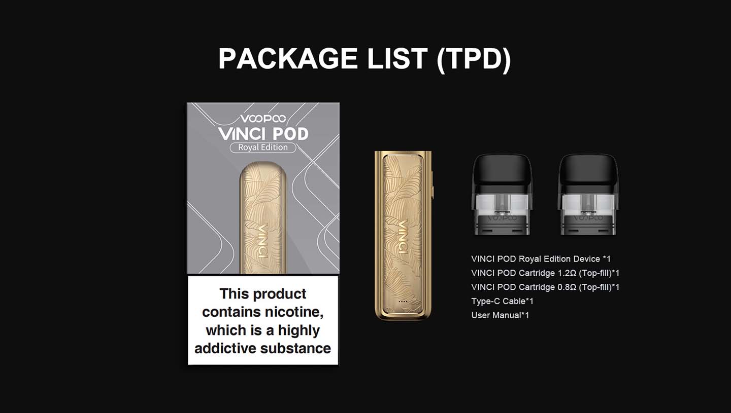 Vinci Pod Royal Edition Vape Pod Kit by Voopoo Box Contents