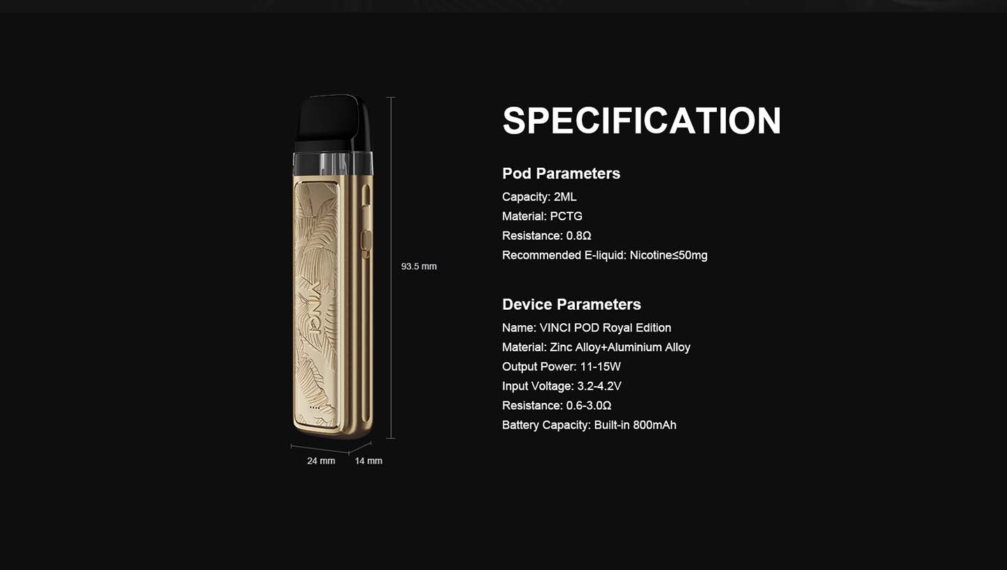 Vinci Pod Royal Edition Vape Pod Kit by Voopoo Specifications