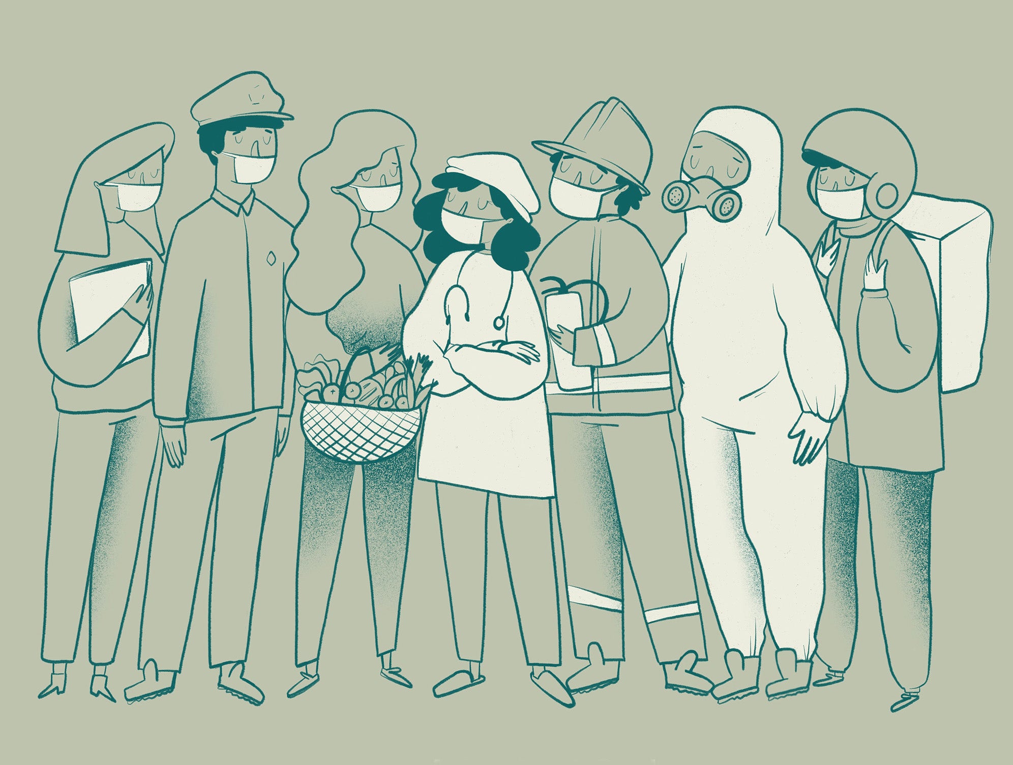 A cartoon illustration of workers wearing face masks.