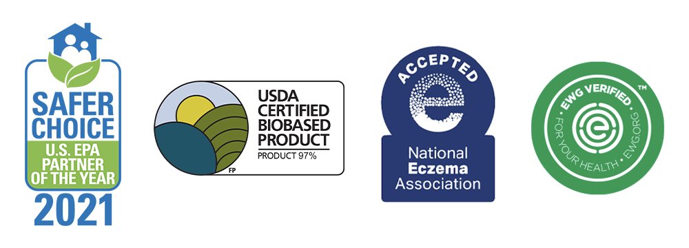 Three logos represent Dirty Labs’ EPA Safer Choice and USDA Certified Biobased certifications and National Eczema Association Seal of Acceptance.