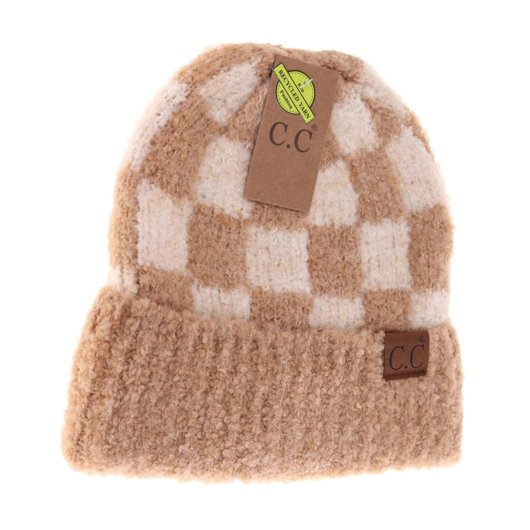 Beige and Camel Checkered Beanie