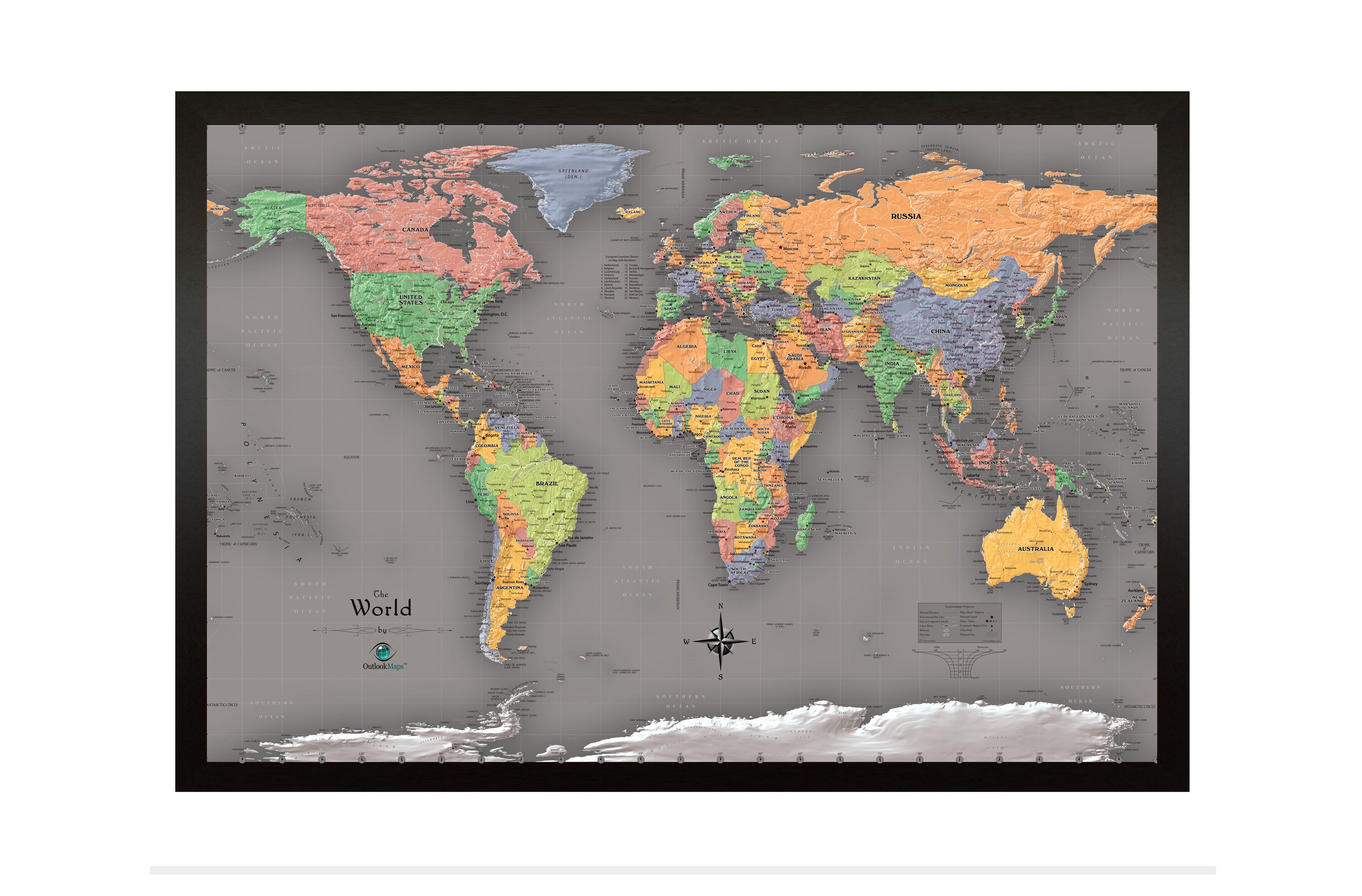 Magnetic World Map Framed Framed Magnetic Travel Map 33" X 22" - Modern Grey | Home Magnetics