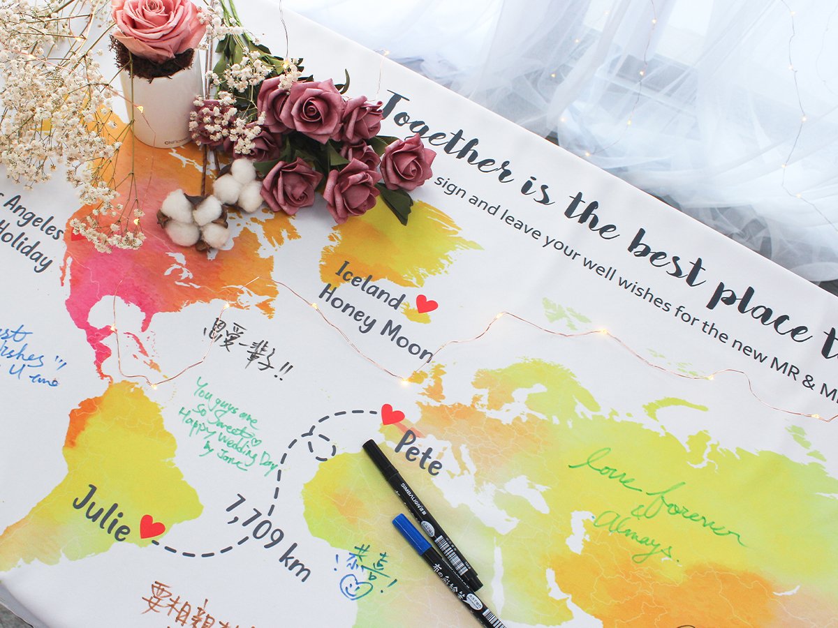 umade-umap-訂製世界地圖簽名綢(壁幔/布)-夕陽柔黃色-婚禮必備，在婚禮上寫下給新人的祝福