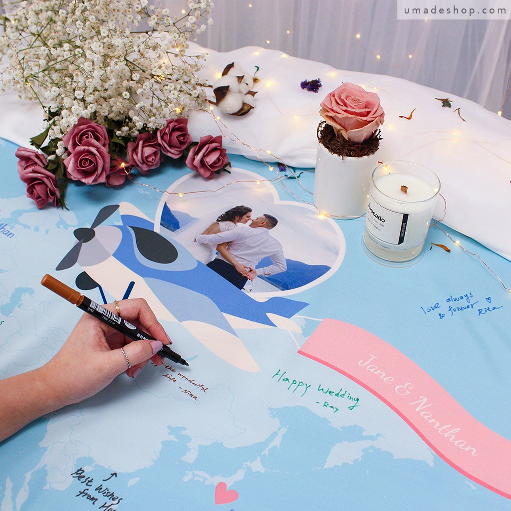 umade-umap-訂製世界地圖簽名綢(壁幔/布)-天空藍色-最適合送給新人的結婚禮物