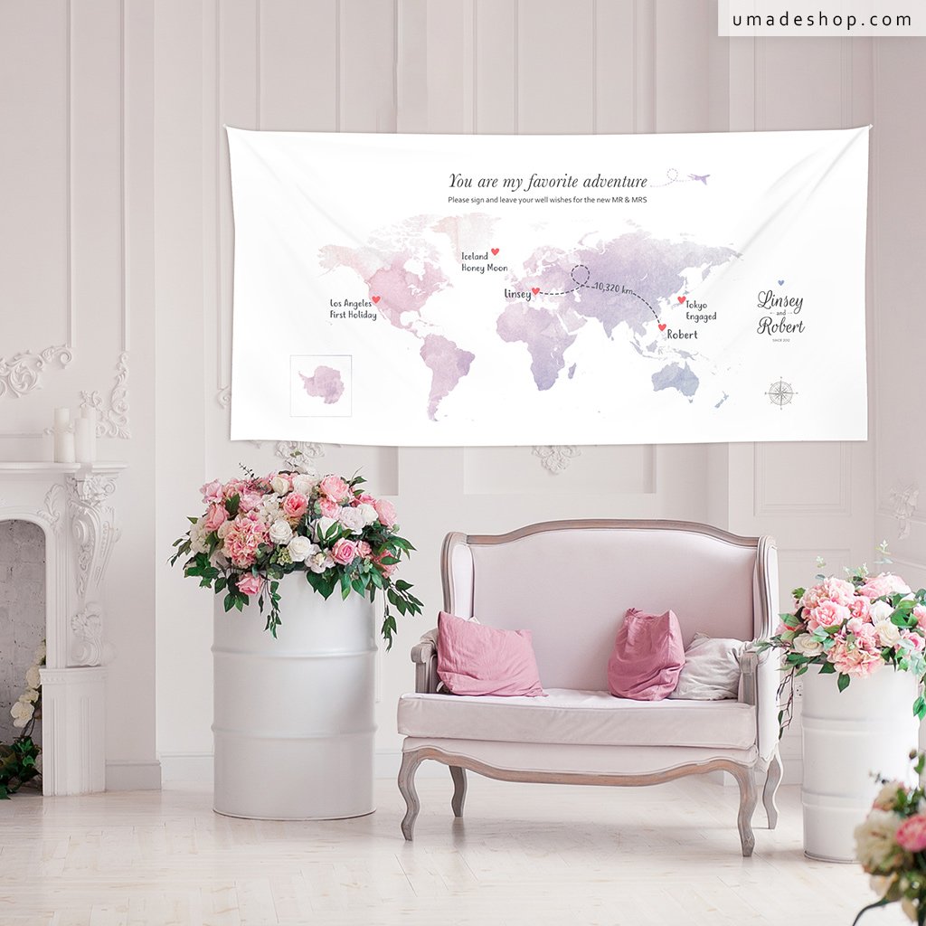 umade-umap-訂製世界地圖簽名綢(壁幔/布)-粉紫丁香紫色-標記對你最有紀念意義的地點