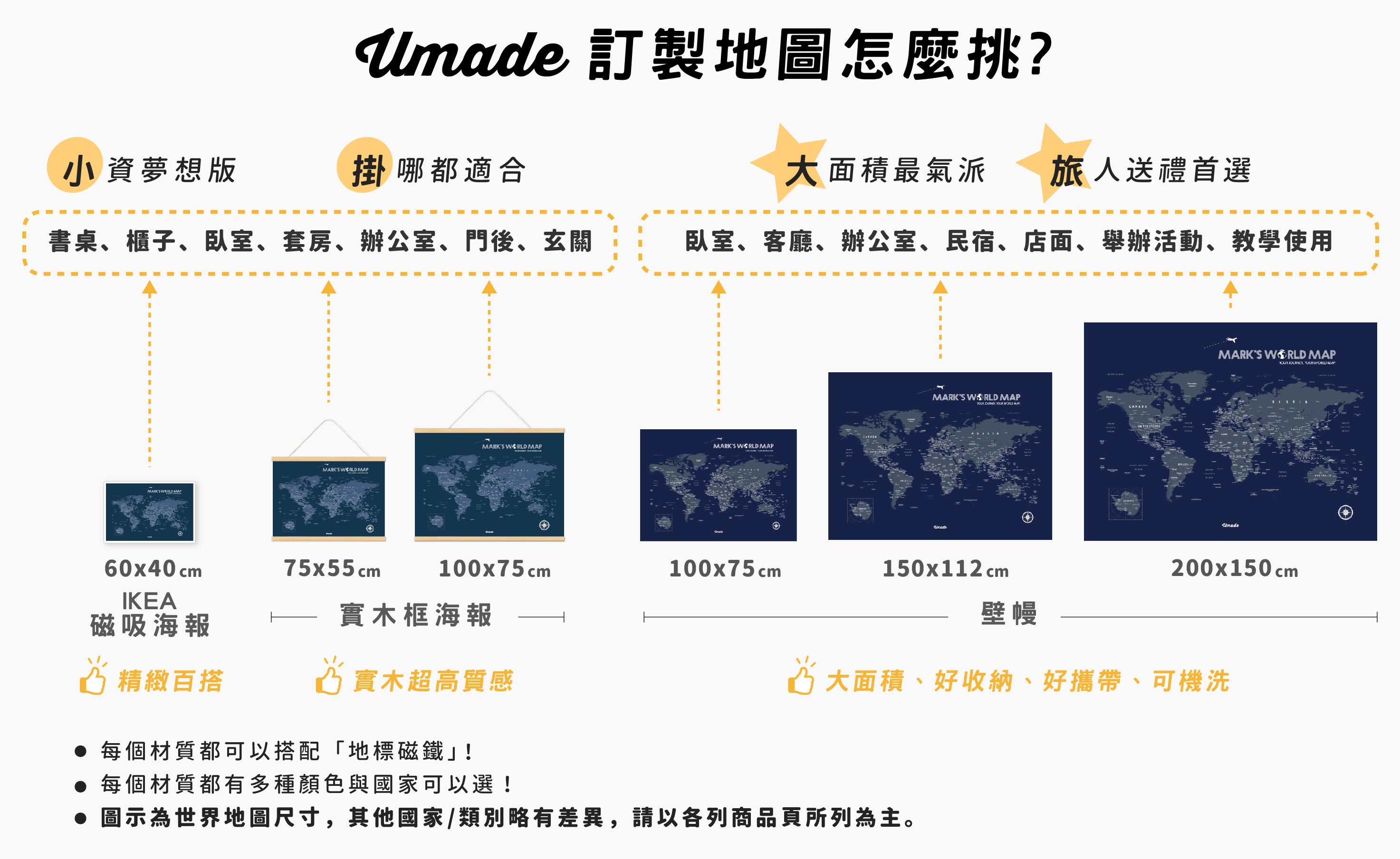 umade-umap-訂製世界地圖全系列比較圖(壁幔/布/海報木框/IKEA留言板)-海軍藍色-客製化世界地圖，多種尺寸、材質、種類挑選指南