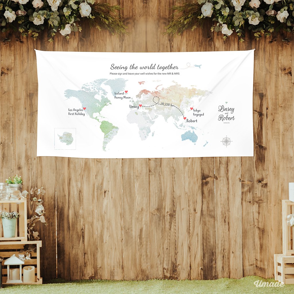 umade-umap-訂製世界地圖簽名綢(壁幔/布)-森林大地綠色-夢幻婚禮的唯美拍照背板
