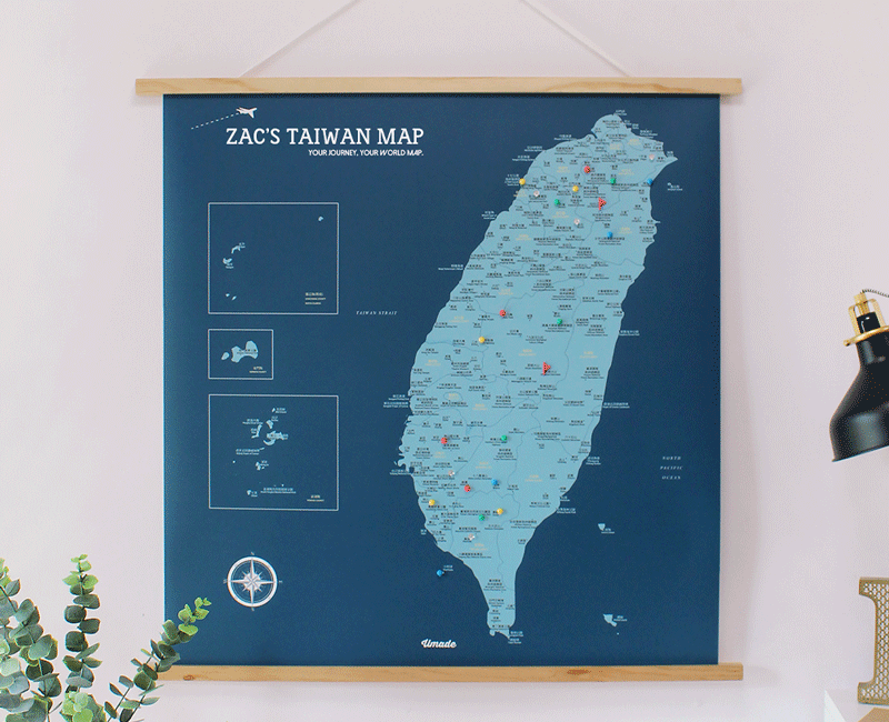 台湾地図-各県と市/人気の観光地(無垢材木枠ポスターシリーズ
