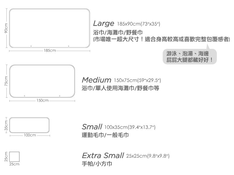 UMade快乾巾尺寸示意