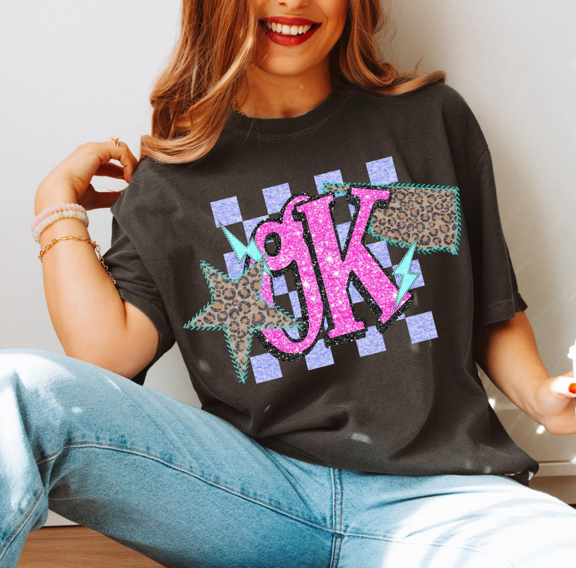 Ok (Retro Leopard Checkered Glitter Stitched State Abbreviation) - DTF