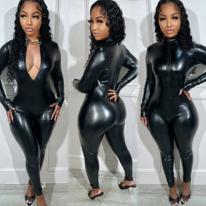 Leatherette Jumpsuit Black - Sugar Popped - Black Jumpsuits