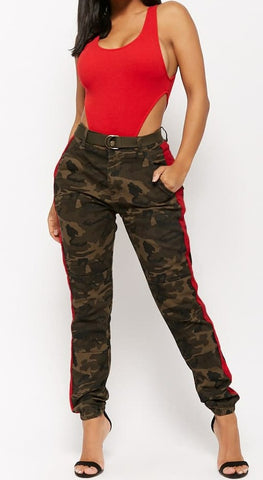 camo pants with red stripe