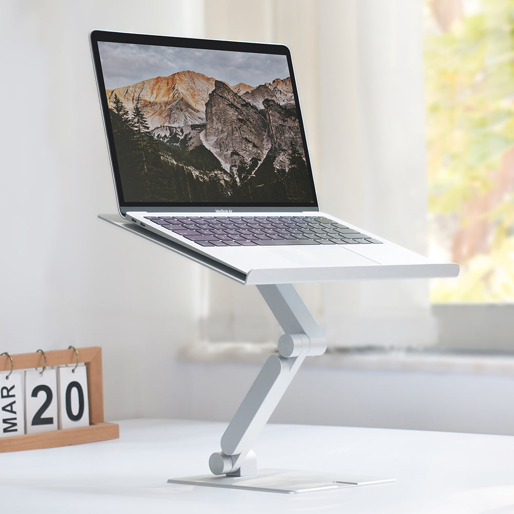 MT2slim laptop riser silver white with macbook air laptop scene march 20