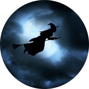 Outline of a Witch Flying Her Broom in Front of the Moon
