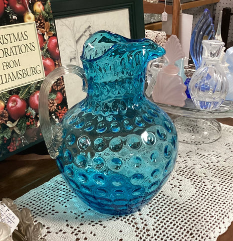 Fenton Small Blue Glass Pitcher with Hobnail Pattern. Fluted Hand Blow –  Anything Discovered