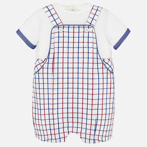 Mayoral Singapore Baby Boy Outfit Set. Mayoral's romper set is a lovely solution for their everyday adventures. The overalls feature a checkered print and the t-shirt has button fastening down the back. 