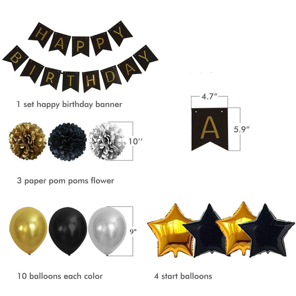 Birthday Party Decorations KIT - Happy Birthday Banner, Gold Crown Balloon  Gold and Black Latex Balloons, Perfect Party Supplies