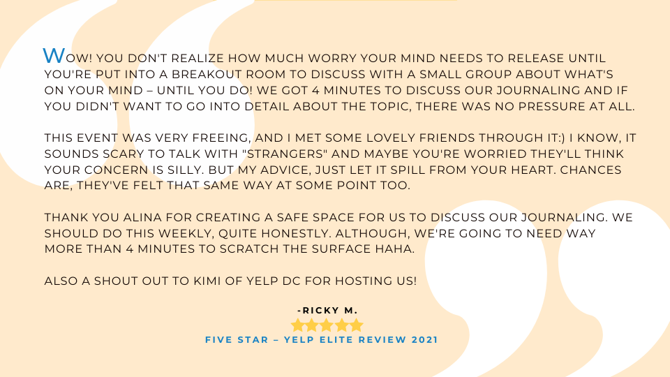 5 star testimonial from a Yelp elite member who love the journaling mini-retreats.