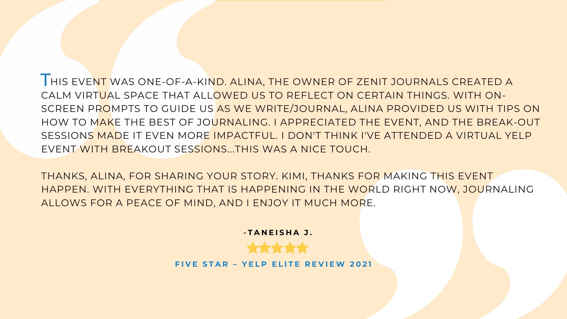 Five star yelp elite quote about Zenit Journaling Retreats