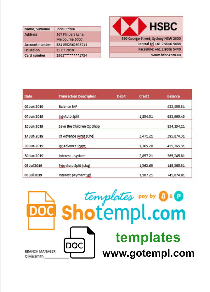 australian bank statement template