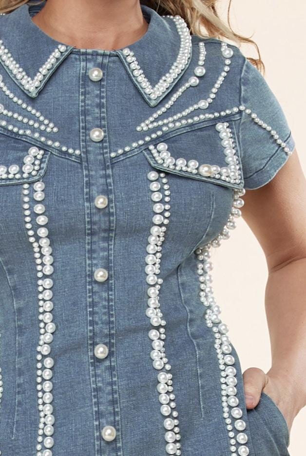 denim dress with pearls