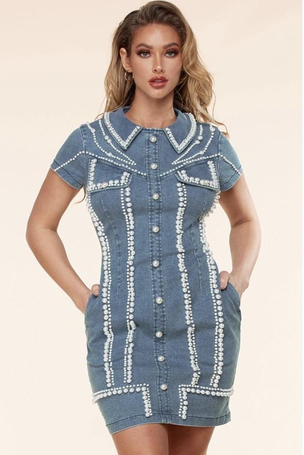 denim dress with pearls