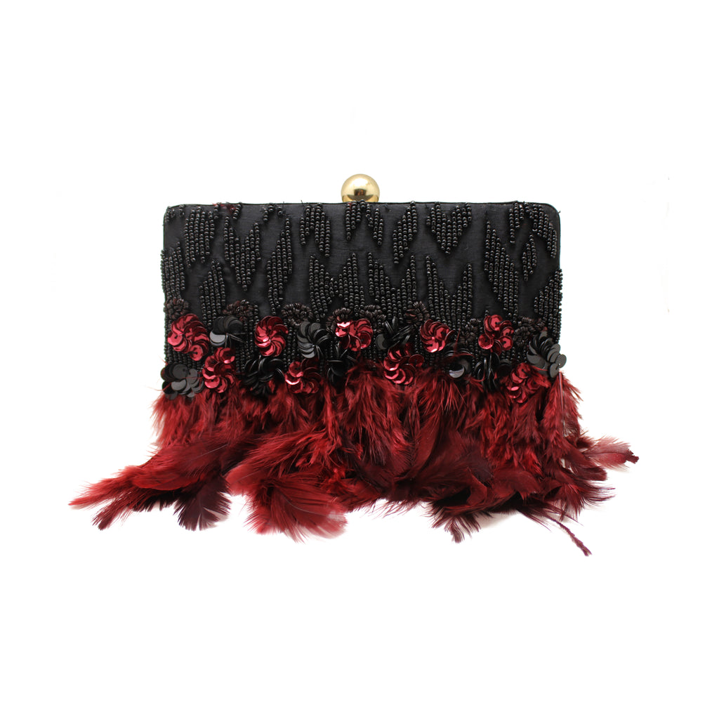 black feather clutch