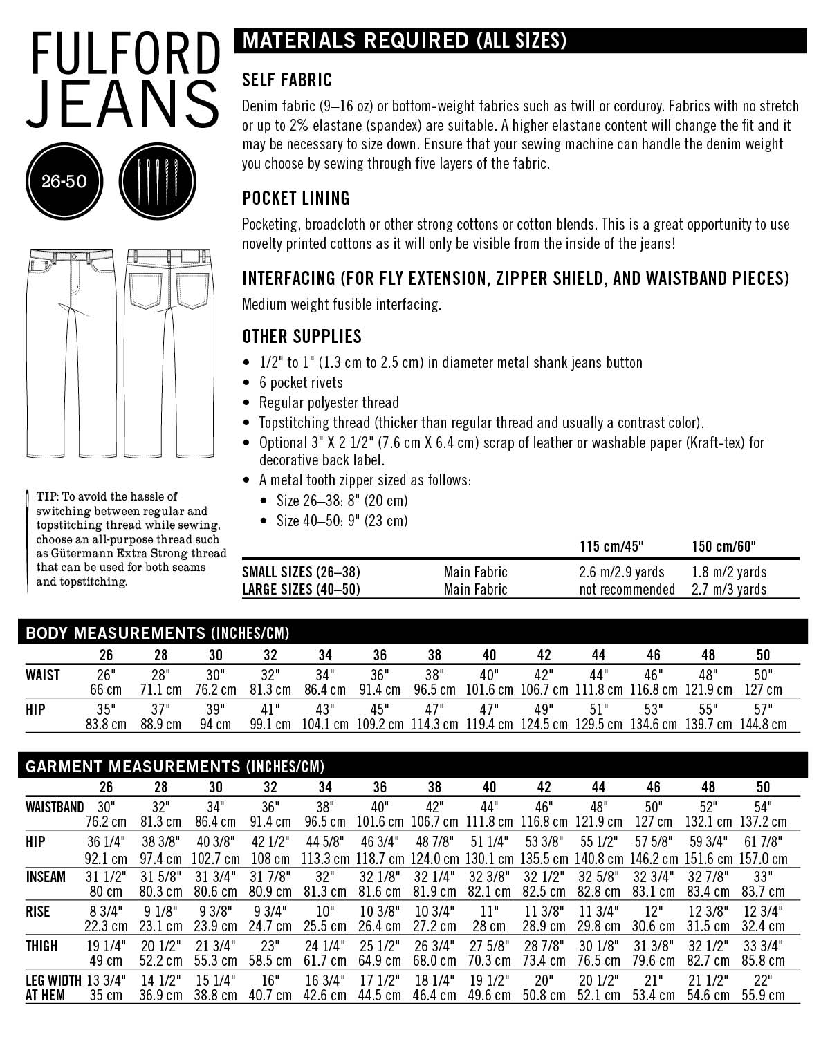 Fulford Jeans size chart