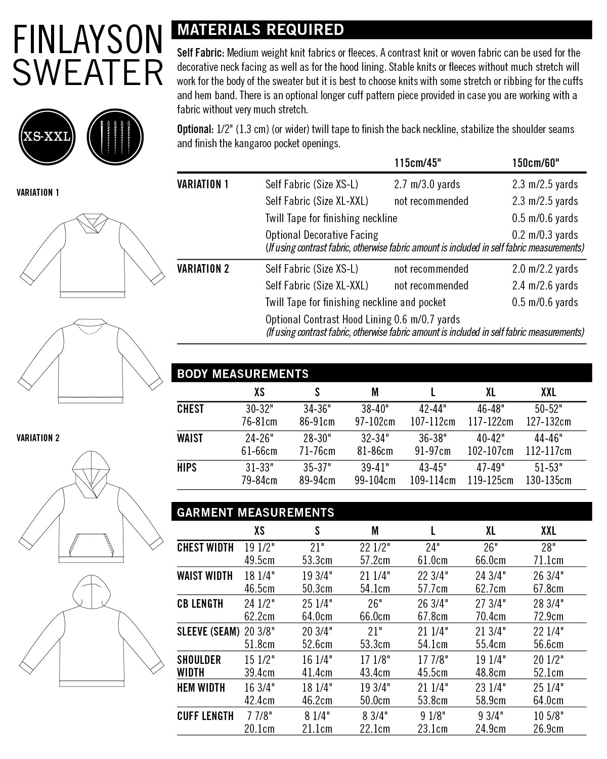 Finlayson Sweater size chart