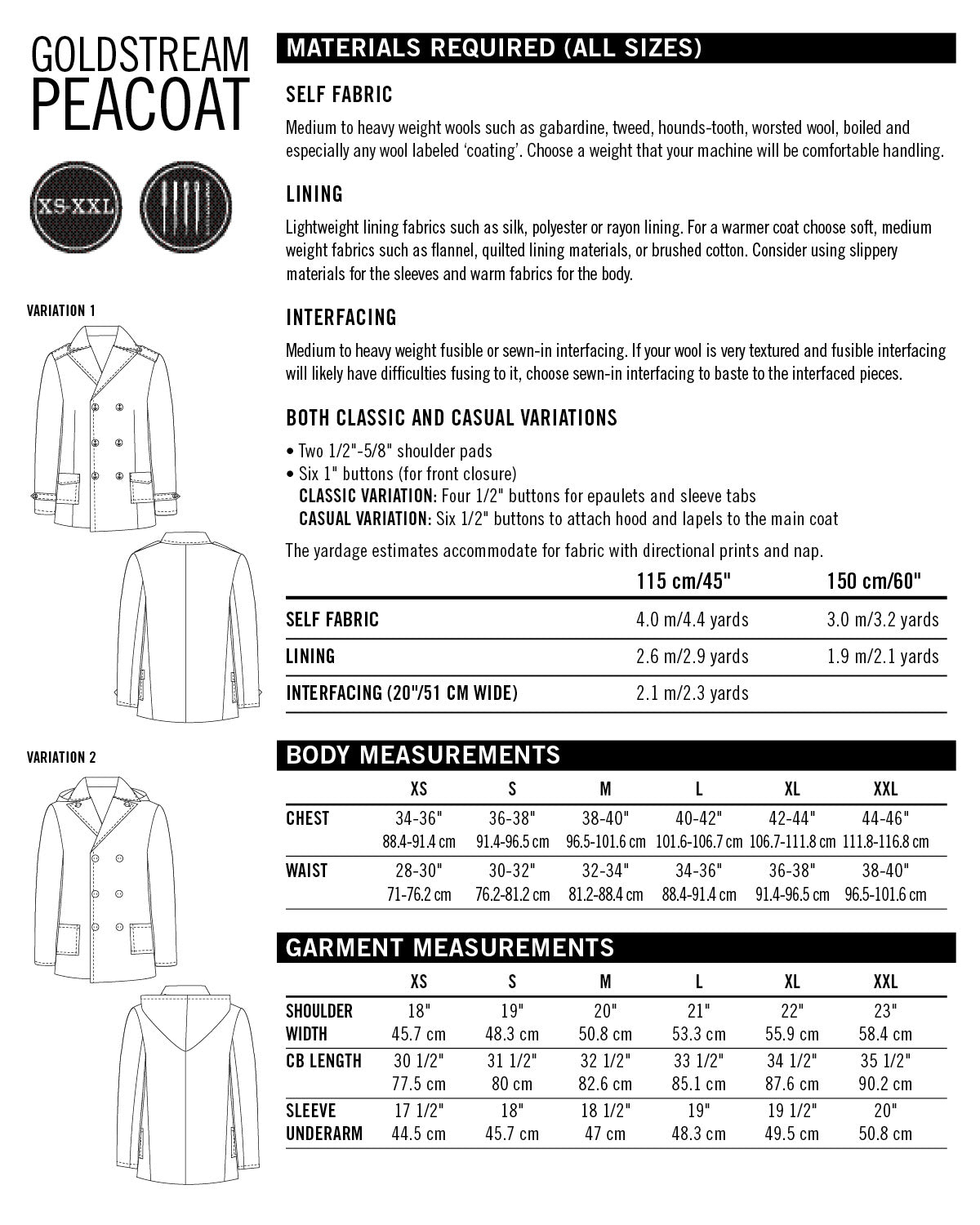 Goldstream Peacoat size chart