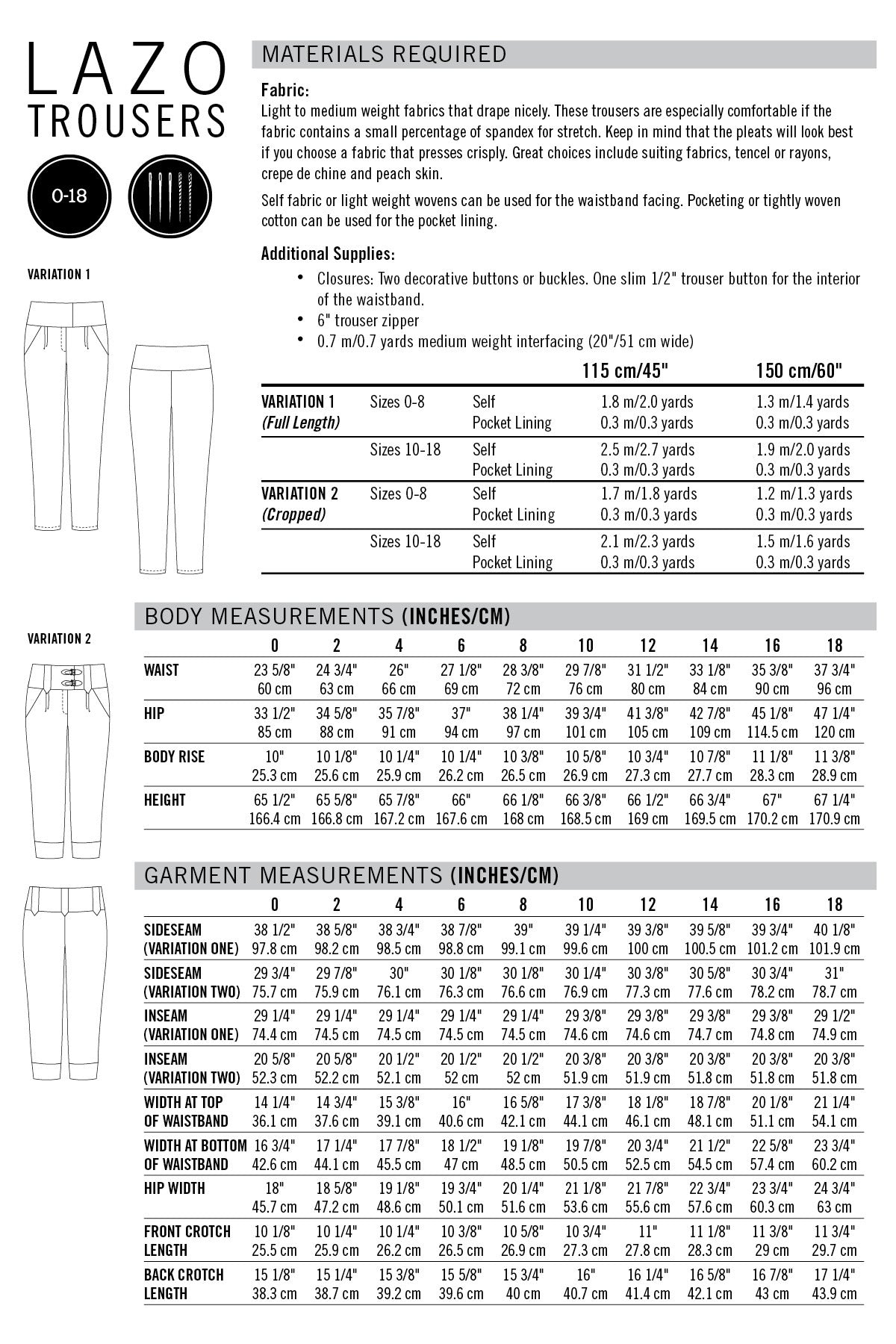 Lazo Trousers Size Chart