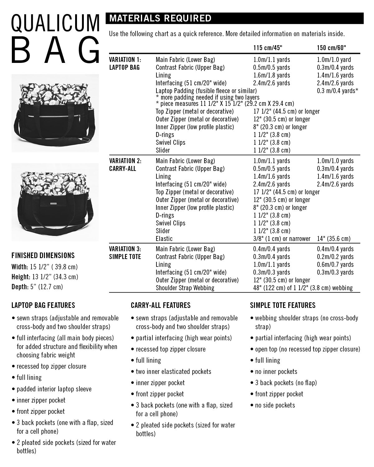 Qualicum Bag fabric requirement chart