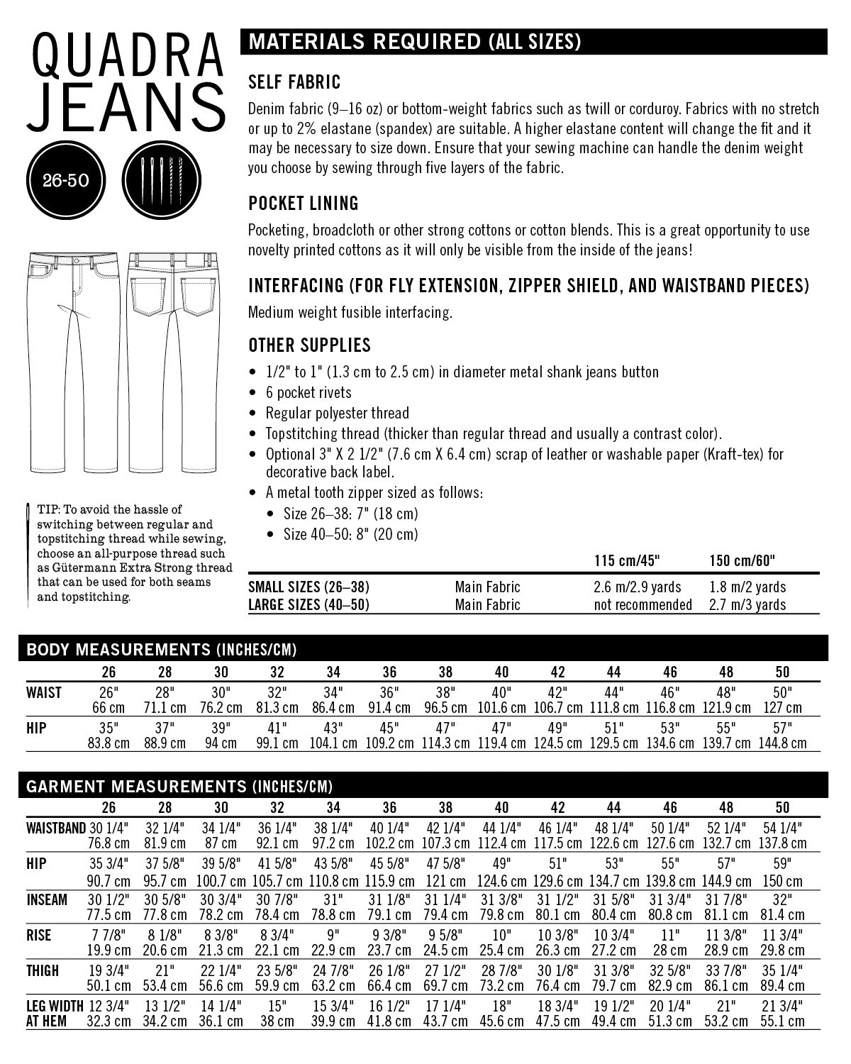 Quadra Jeans size chart