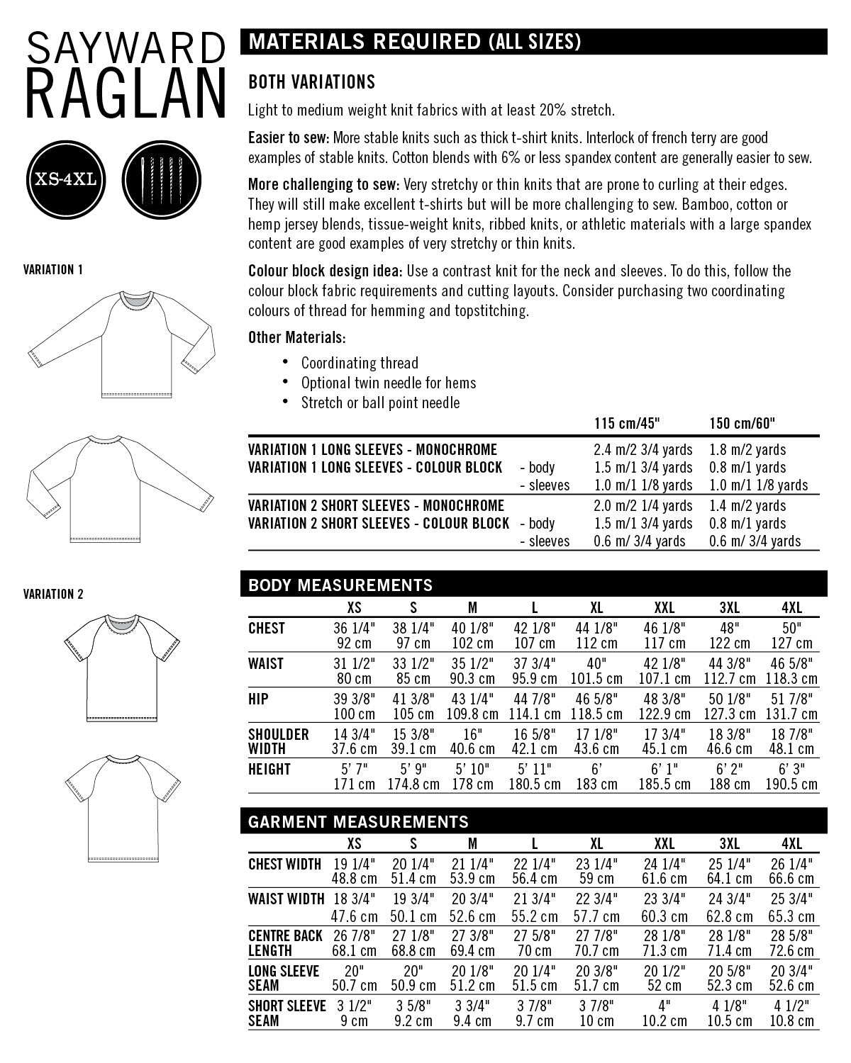 Sayward Raglan size chart