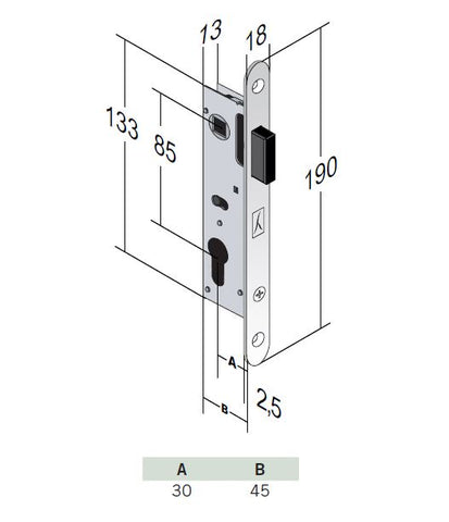 Magnetic bonaiti door lock b five F09 yale front 190x18mm entry 30mm center distance 85mm