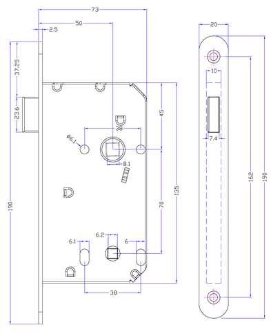 Technical diagram of Bonaiti magnetic door lock b-ita F60 bronze patent key f20x190 i70 e50