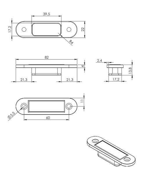 schema tecnico disegno misure DM1 Bonaiti dispositivo magnetico ferma porta integrato invisibile rasomuro senza serratura per porte